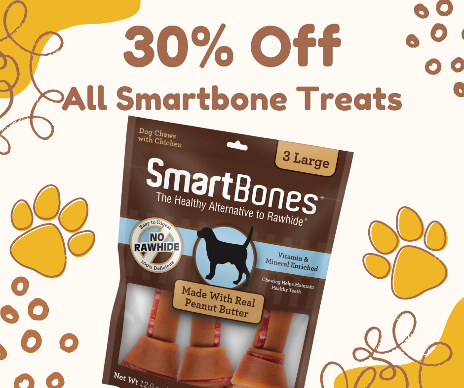 SmartBones dog treats package with promotional text on a decorative background